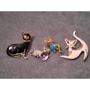 Vintage Cat Brooch Buncle (4) Siamese Turquoise Heart Kitties